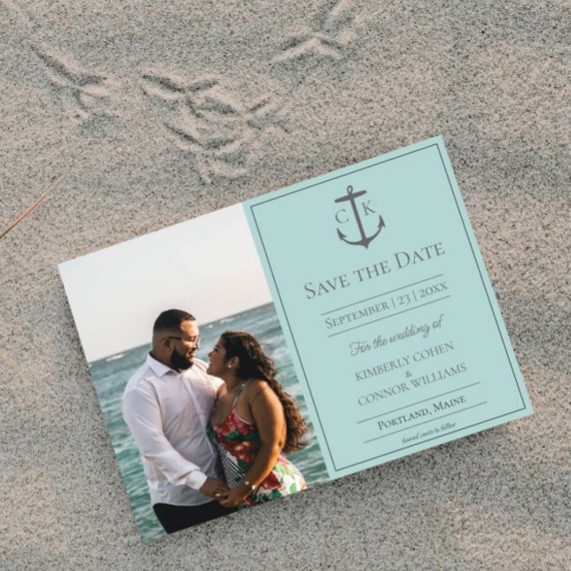 Save The Date Monogramme nautique turquoise Photo Enregistrer la (Teal Nautical Monogram Photo Save the Date)
