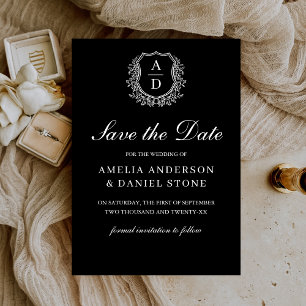 Save The Date Monogramme noir et blanc à feuilles formelles de c