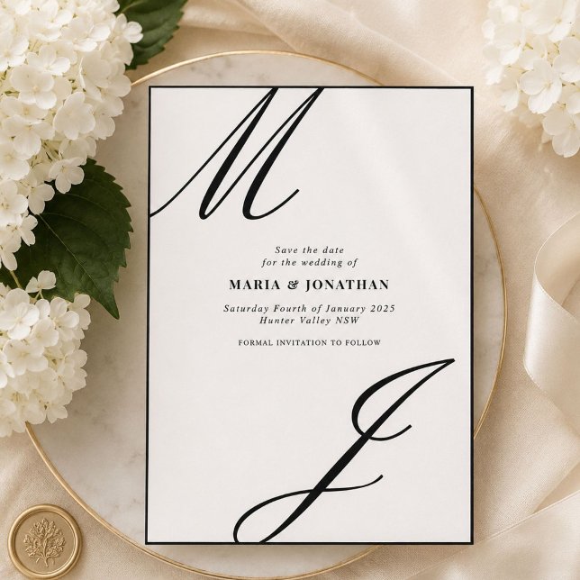 Save The Date Monogramme noir et blanc moderne pour annoncer la  (Créateur téléchargé)
