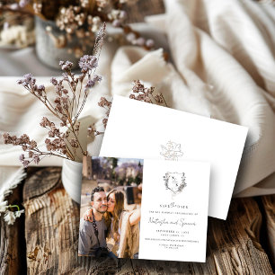 Save The Date Monogramme officiel de crête florale noire et blan