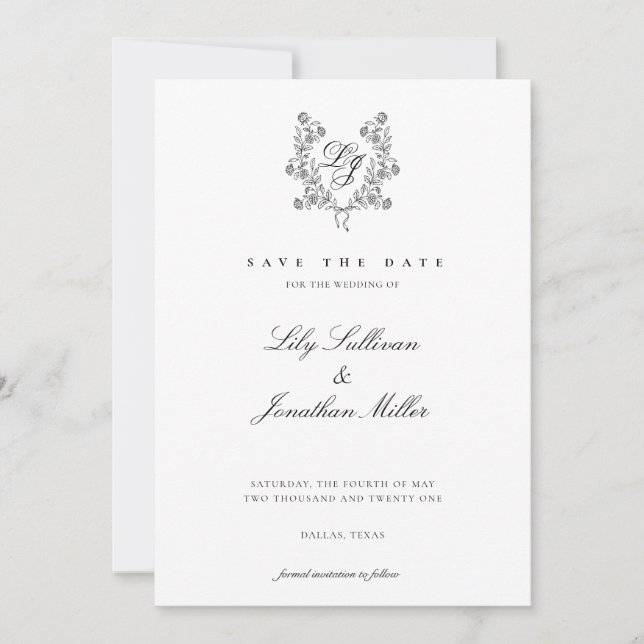 Save The Date Monogramme Romantique Floral Wreath Enregistrer La (Devant)