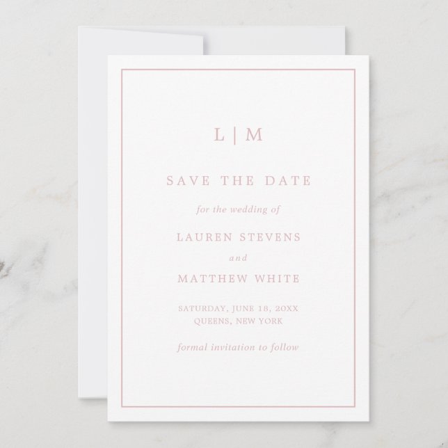 Save The Date Monogramme rose clair simple Mariage élégant (Devant)