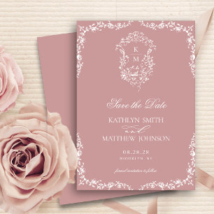 Save The Date Monogramme rose vif Vintage Mariage de crête