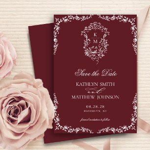 Save The Date Monogramme rouge Bourgogne Floral Vintage Crest Ma