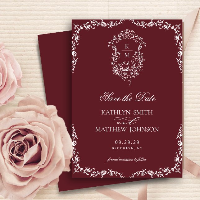 Save The Date Monogramme rouge Bourgogne Floral Vintage Crest Ma (Créateur téléchargé)
