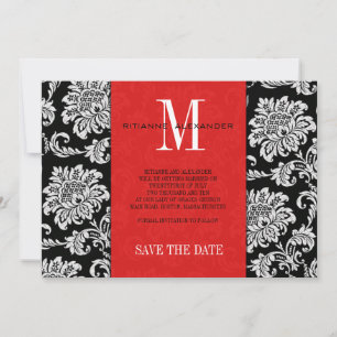 Save The Date Monogramme rouge noir Damassé Mariage Économisez l