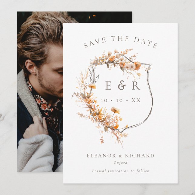 Save The Date Monogramme Rustique Floral Crest Mariage de automn (Devant / Derrière)