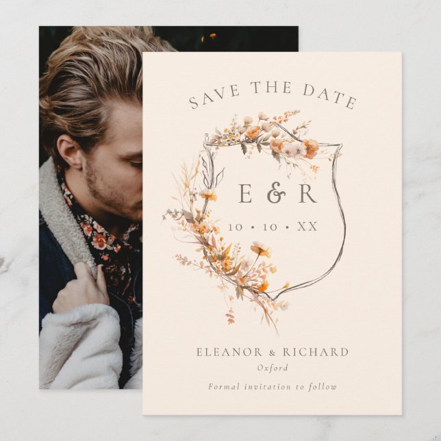 Save The Date Monogramme Rustique Floral Crest Mariage de automn (Devant / Derrière)