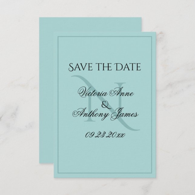 Save The Date Monogramme Script Bleu Mariage initial Enregistrer (Devant / Derrière)