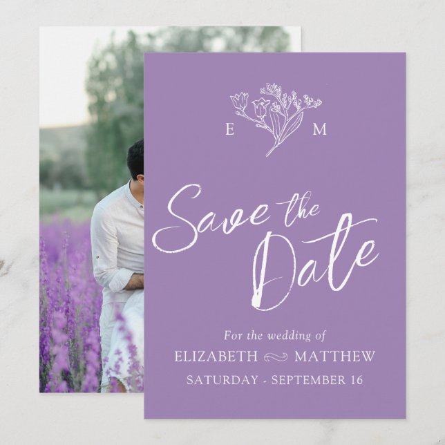 Save The Date monogramme simple fleur sauvage dessin violet phot (Devant / Derrière)