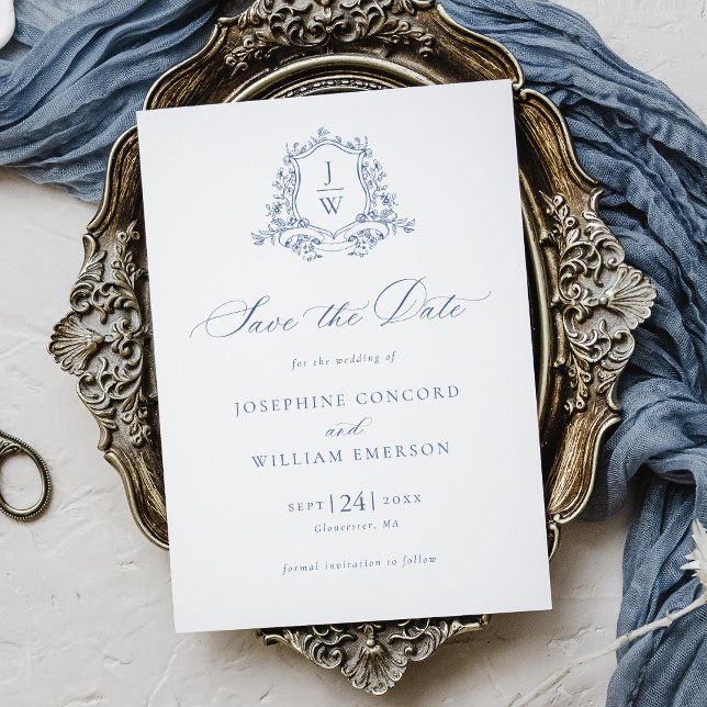 Save The Date Monogramme traditionnel Crest Floral Bleu Mariage (Créateur téléchargé)