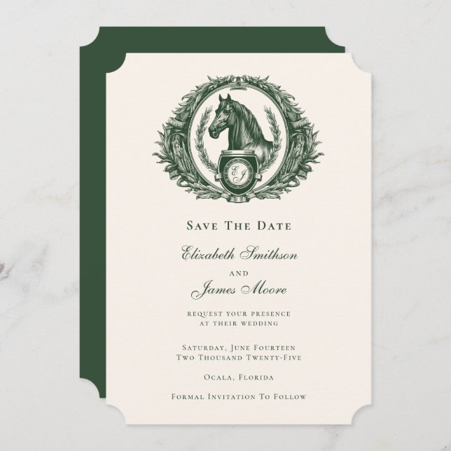Save The Date Monogramme vert classique Mariage de crête (Devant / Derrière)