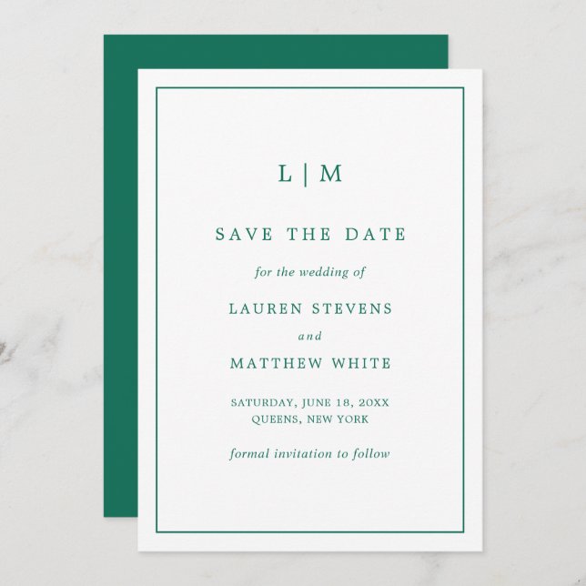 Save The Date Monogramme vert émeraude simple Mariage élégant (Devant / Derrière)