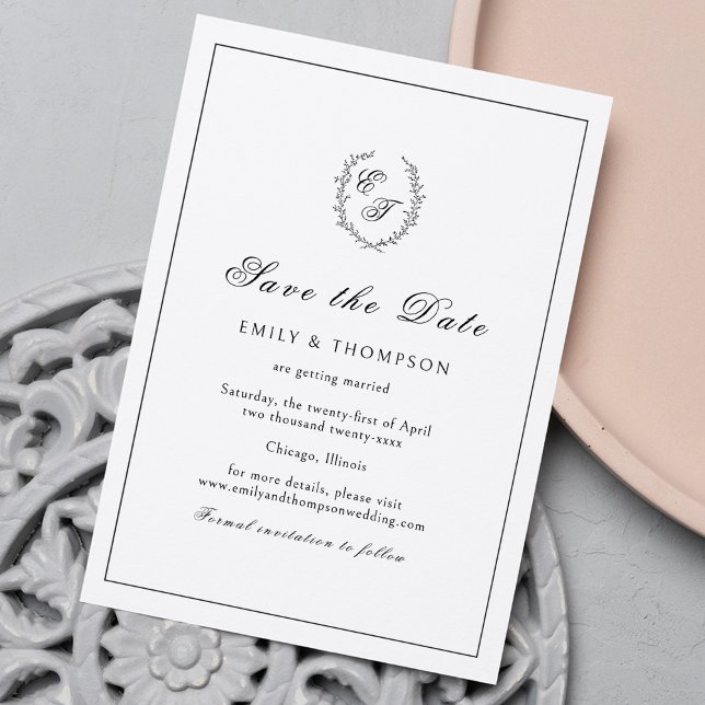 Save The Date Monogramme Wreath Mariage élégant (Créateur téléchargé)
