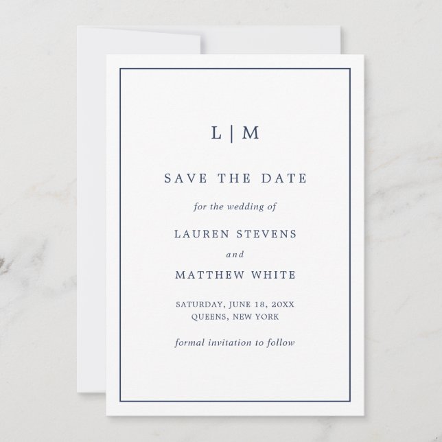 Save The Date Monographie bleu marine simple Mariage élégant (Devant)