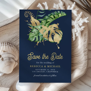 Save The Date Monstera Tropical Palm Photo Mariage bleu marine