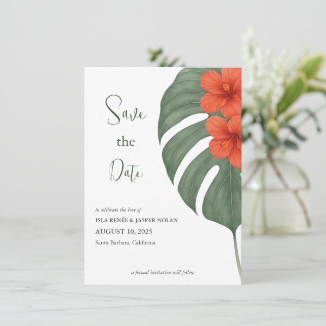 Save The Date Monstère tropicale et Mariage Hibiscus (Debout devant)