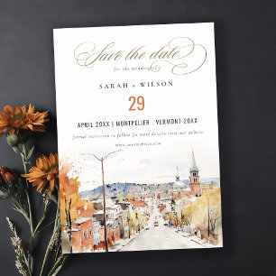 Save The Date Montpelier City Scape Vermont Watercolor Mariage