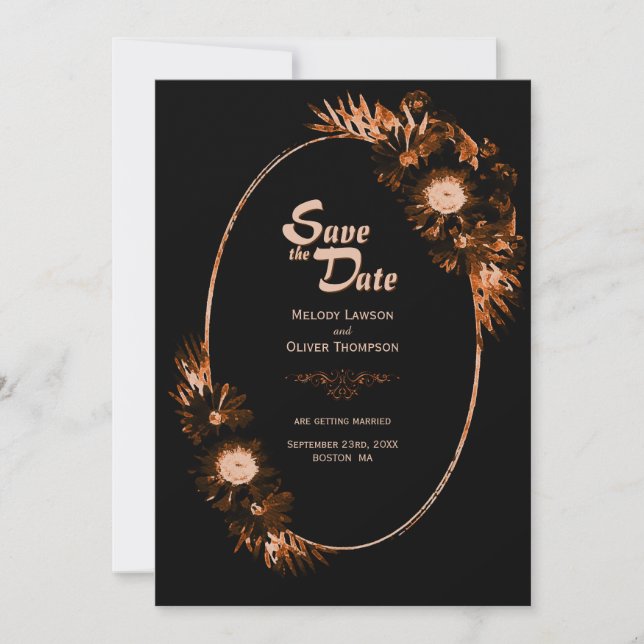 Save The Date Moody Black avec Mariage Floral Orange Brûlé (Devant)
