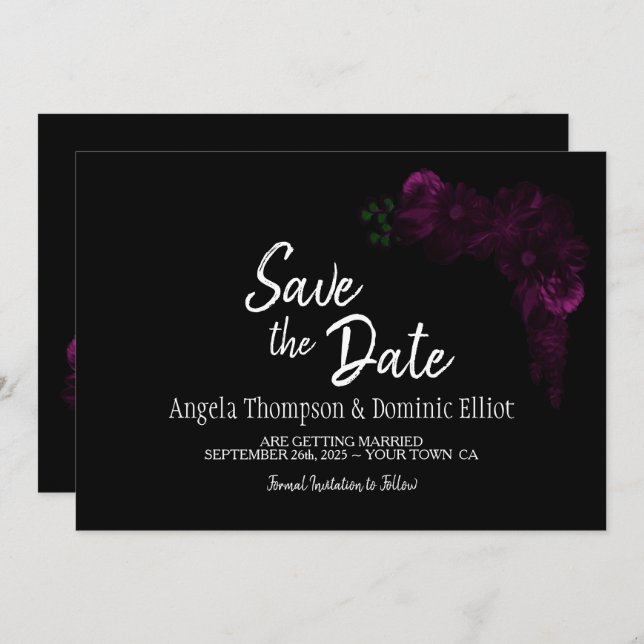 Save The Date Moody Black avec mariage rose floral Enregistrer l (Devant / Derrière)