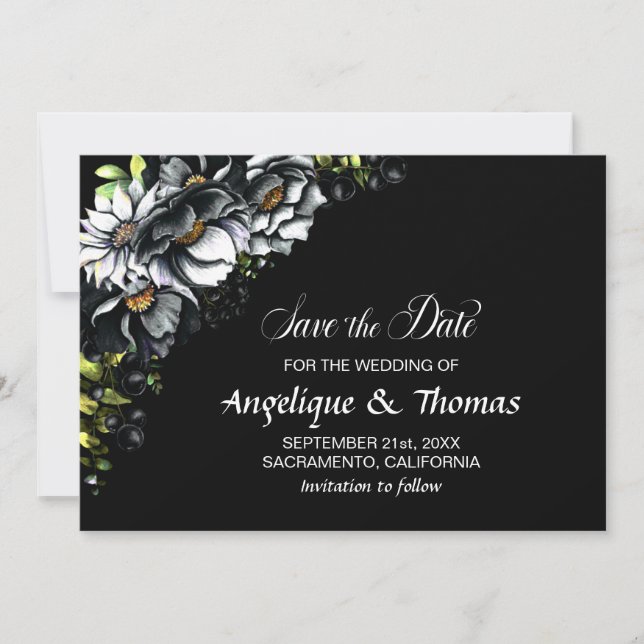 Save The Date Moody Black Floral Mariage (Devant)