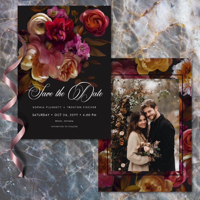 Save The Date Moody Black Floral Painterly Red Burgundy Photo (Moody Black Floral Painterly Red Burgundy Photo Save The Date)