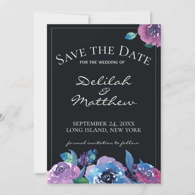 Save The Date Moody Blue Purple Twilight Floral Enregistrer la d (Devant)