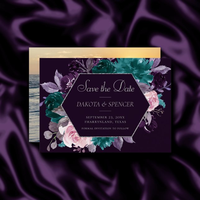 Save The Date Moody Boho | Dark Eggplant violet et photo Turquoi (Créateur téléchargé)