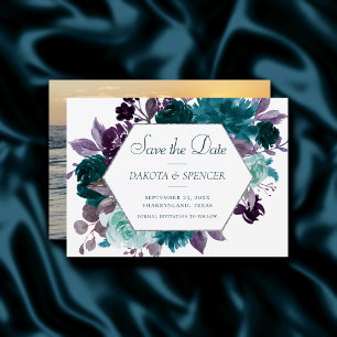 Save The Date Moody Boho Turquoise cadre de bouquet pourpre tu