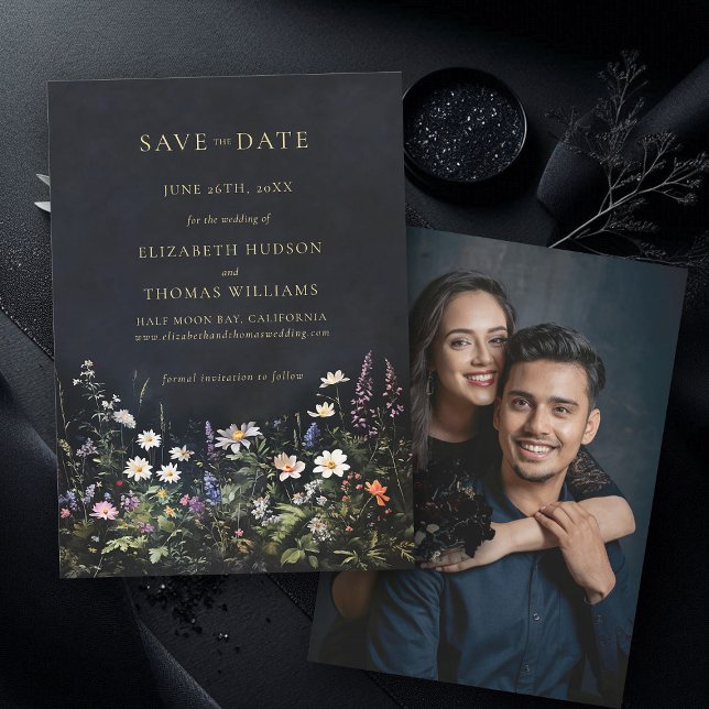Save The Date Moody Dark Elegant Fleur sauvage romantique Mariag (wedding save the date moody dark romantic gothic floral black wildflowers photo announcement)