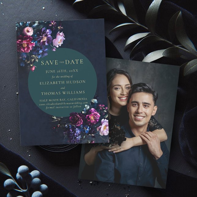 Save The Date Moody Dark Elegant Floral Jewel Tone Mariage photo (wedding save the date moody dark romantic gothic floral navy blue emerald jewel tone photo template)