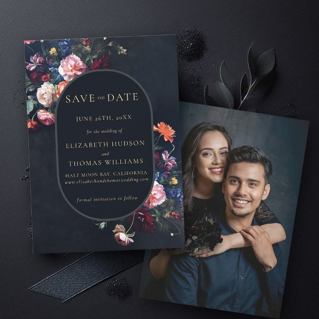 Save The Date Moody Dark Elegant Romantique Floral Mariage ovale (wedding save the date moody dark romantic gothic floral black oval dutch masters photo announcement)
