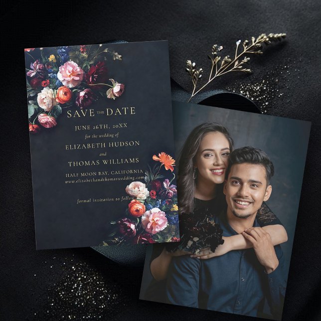Save The Date Moody Dark Elegant Romantique Floral Photo Mariage (wedding save the date moody dark romantic gothic floral black dutch masters photo announcement)
