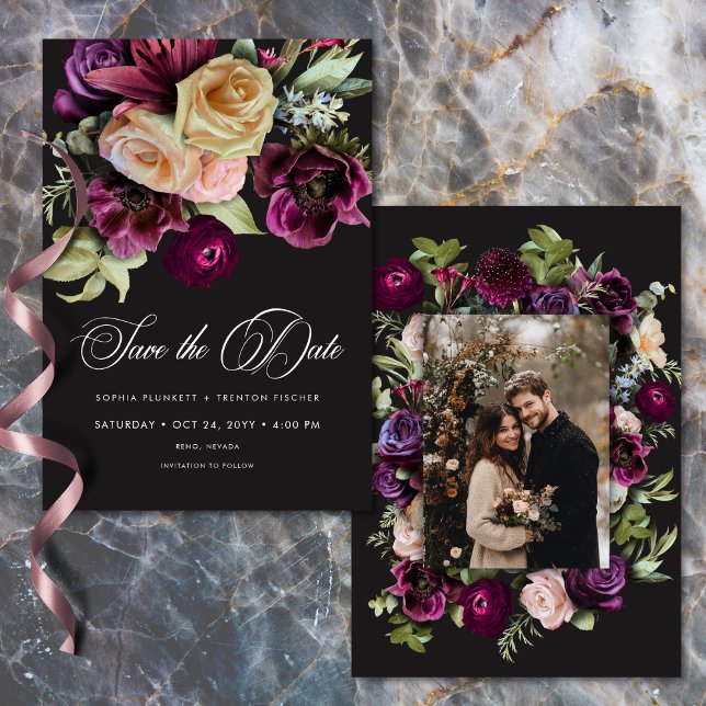 Save The Date Moody Dark Floral Black Burgundy Romantic Photo (Moody Dark Floral Black Burgundy Romantic Photo Wedding Save The Date)