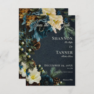 Save The Date Moody Elegant Hiver Bleu Floral Pine Mariage