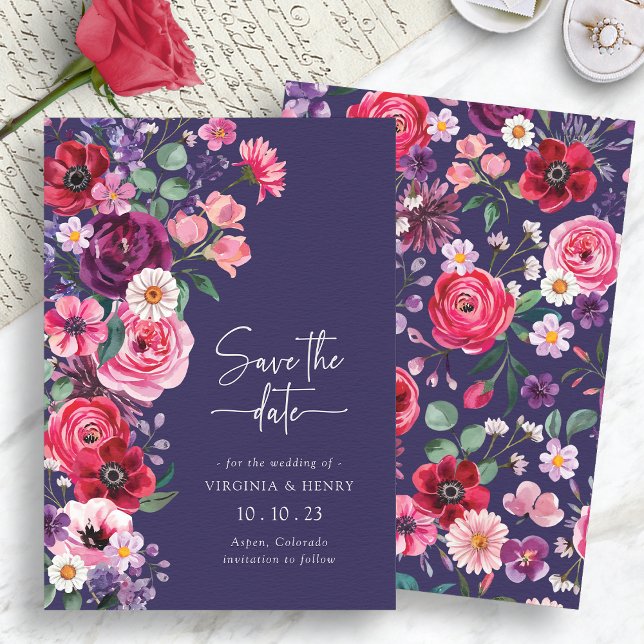 Save The Date Moody Floral (Moody Navy Blue Floral Save The Date Card by Painted Paperie
)