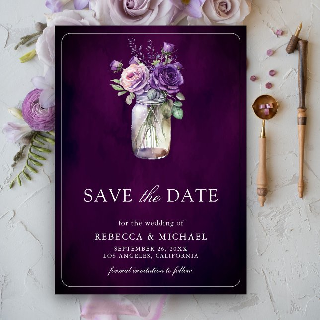 Save The Date Moody foncé violet Floral Mason Jar Mariage (Créateur téléchargé)