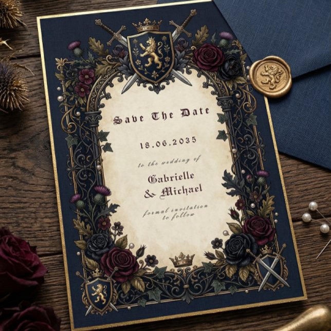 Save The Date Moody Gothic Crest Navy Burgundy Gold Medieval  (Créateur téléchargé)