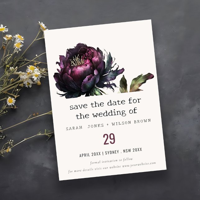 Save The Date Moody Gothic violet foncé Mariage de pivoine noire (Créateur téléchargé)