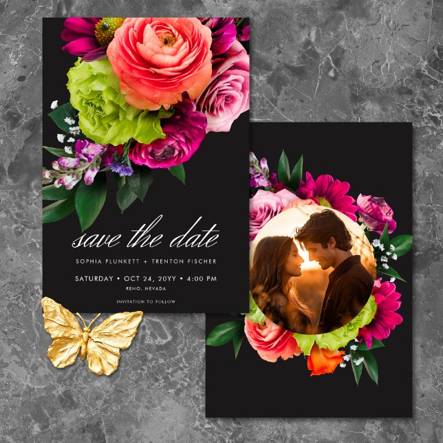 Save The Date Moody Luxe Floral Vibrant Pink Black Photo Wedding (Moody Luxe Floral Vibrant Pink Black Photo Wedding Save The Date)