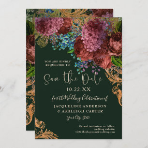 Save The Date Moody Vintage Floral Gold Forest Mariage vert