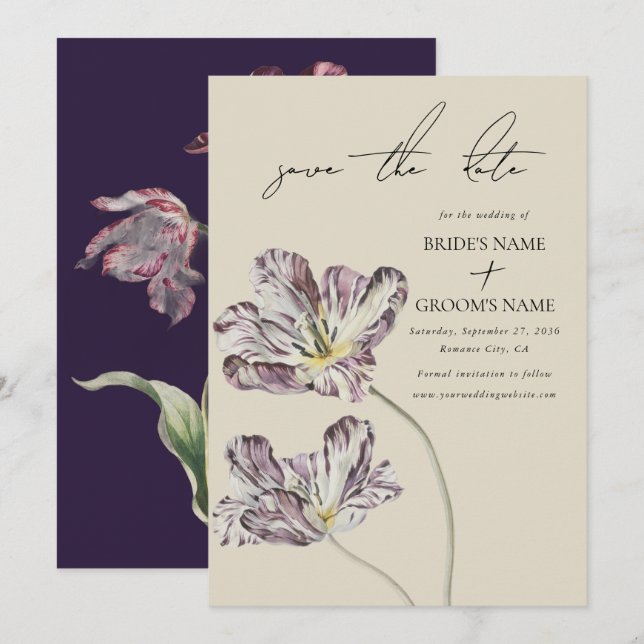 Save The Date Moody Watercolor Purple Tulips Mariage (Devant / Derrière)