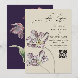 Save The Date Moody Watercolor Purple Tulips Mariage QR Code