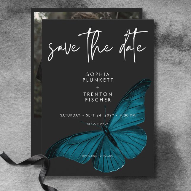 Save The Date Mosaïque foncée Minimal Turquoise Moth Photo Maria (Dark Moody Minimal Teal Moth Photo Wedding Save The Date)