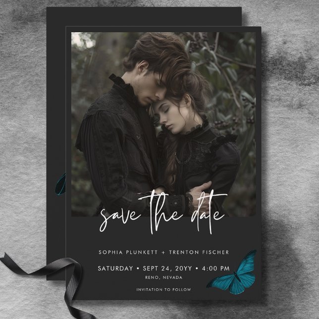 Save The Date Mosaïque foncée Minimal Turquoise Moth Photo Maria (Dark Moody Minimal Teal Moth Photo Wedding Save The Date)
