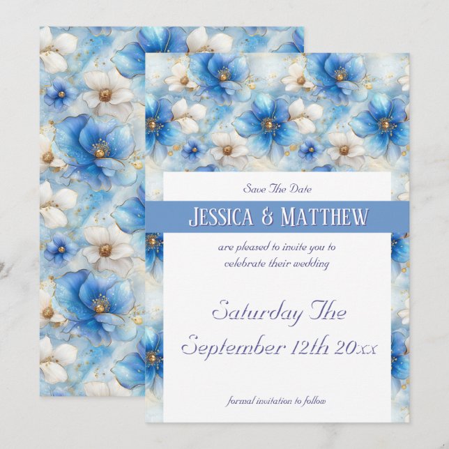 Save The Date Motif de fleurs bleues (Devant / Derrière)