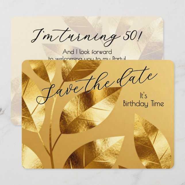 Save The Date Motif de fond de feuilles dorées élégantes 1 (Devant / Derrière)