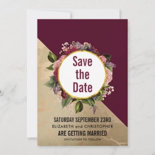 Save The Date Motif en marbre doré et Mariage floral bordeaux