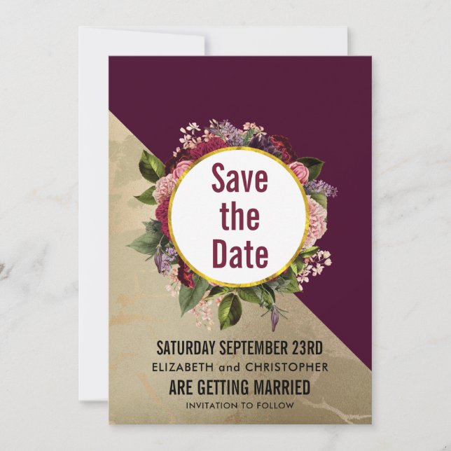Save The Date Motif en marbre doré et Mariage floral bordeaux (Devant)