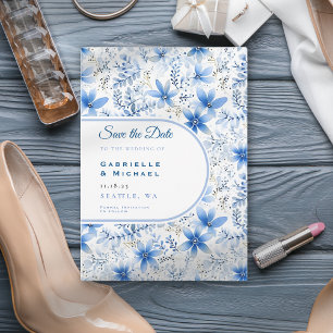 Save The Date Motif floral de chinoiserie bleu blanc de Delft E